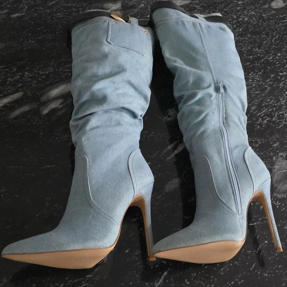BRAND NEW SHOEDAZZLE BUCKLE OVER THE KNEE STILETTO HEEL WOMENS SLOUCH BOOTS